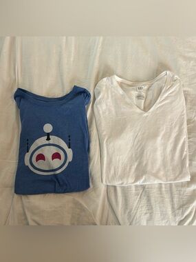 Blue Robot Graphic Tee & GAP White V-Neck Tee
